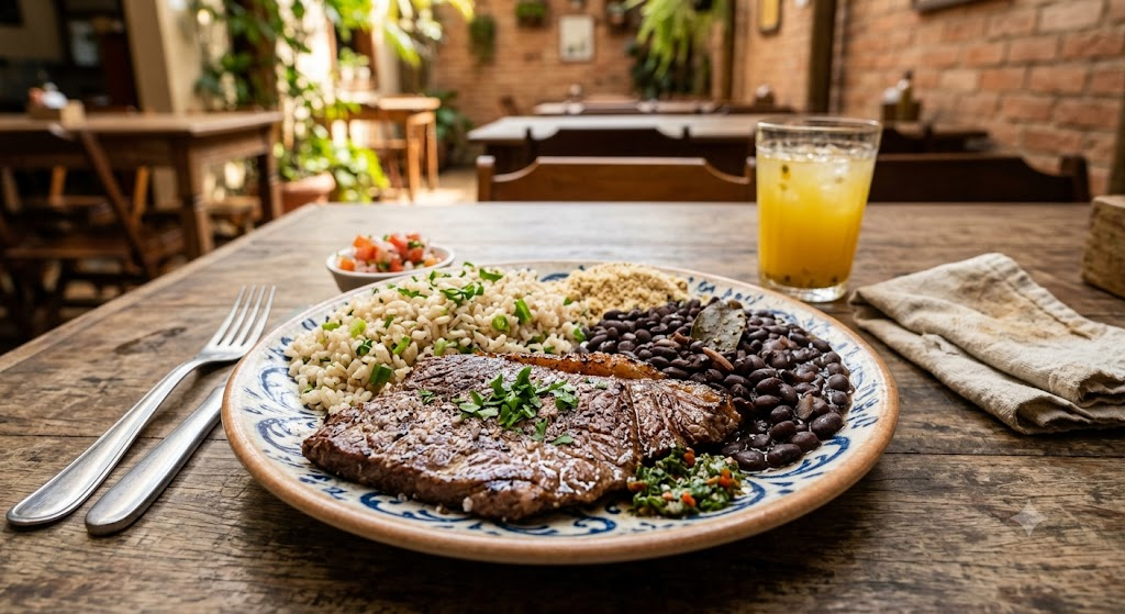 Bife Grelhado com Arroz Integral e Feijão