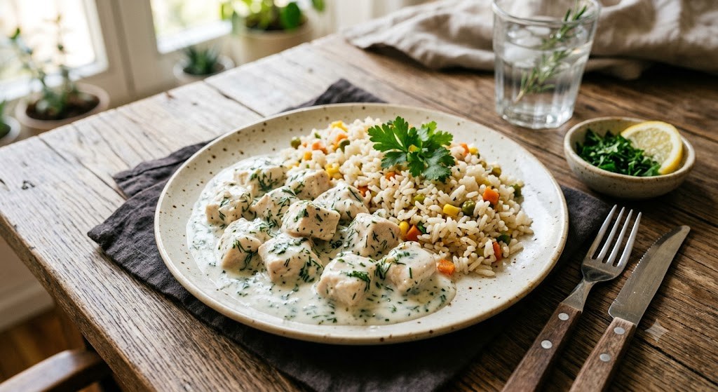 Frango ao Molho de Iogurte e Ervas com Arroz