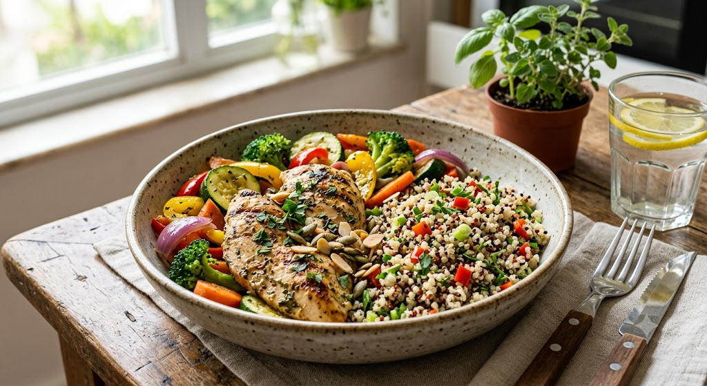 Frango com Quinoa e Legumes Salteados