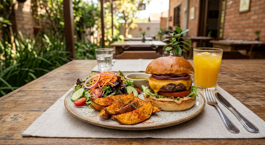 Hambúrguer Caseiro com Salada e Batata Doce Assada