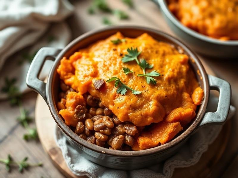 Escondidinho de Lentilha com Purê de Batata Doce